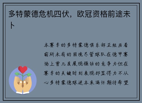 多特蒙德危机四伏，欧冠资格前途未卜