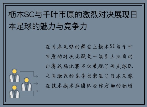 枥木SC与千叶市原的激烈对决展现日本足球的魅力与竞争力